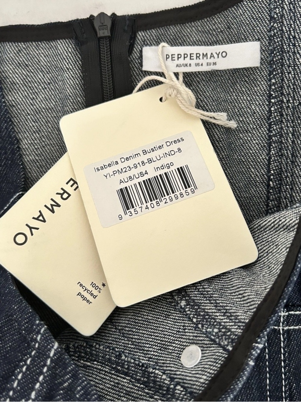 Peppermayo | Isabella Denim Bustier Dress Size 4 Blue Fit Flare Cap Sleeves - Picture 15 of 15